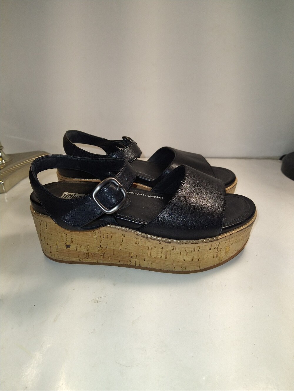 FitFlop Eloise Black Leather Cork-Wrap Wedge Sandals Women's sz 6.